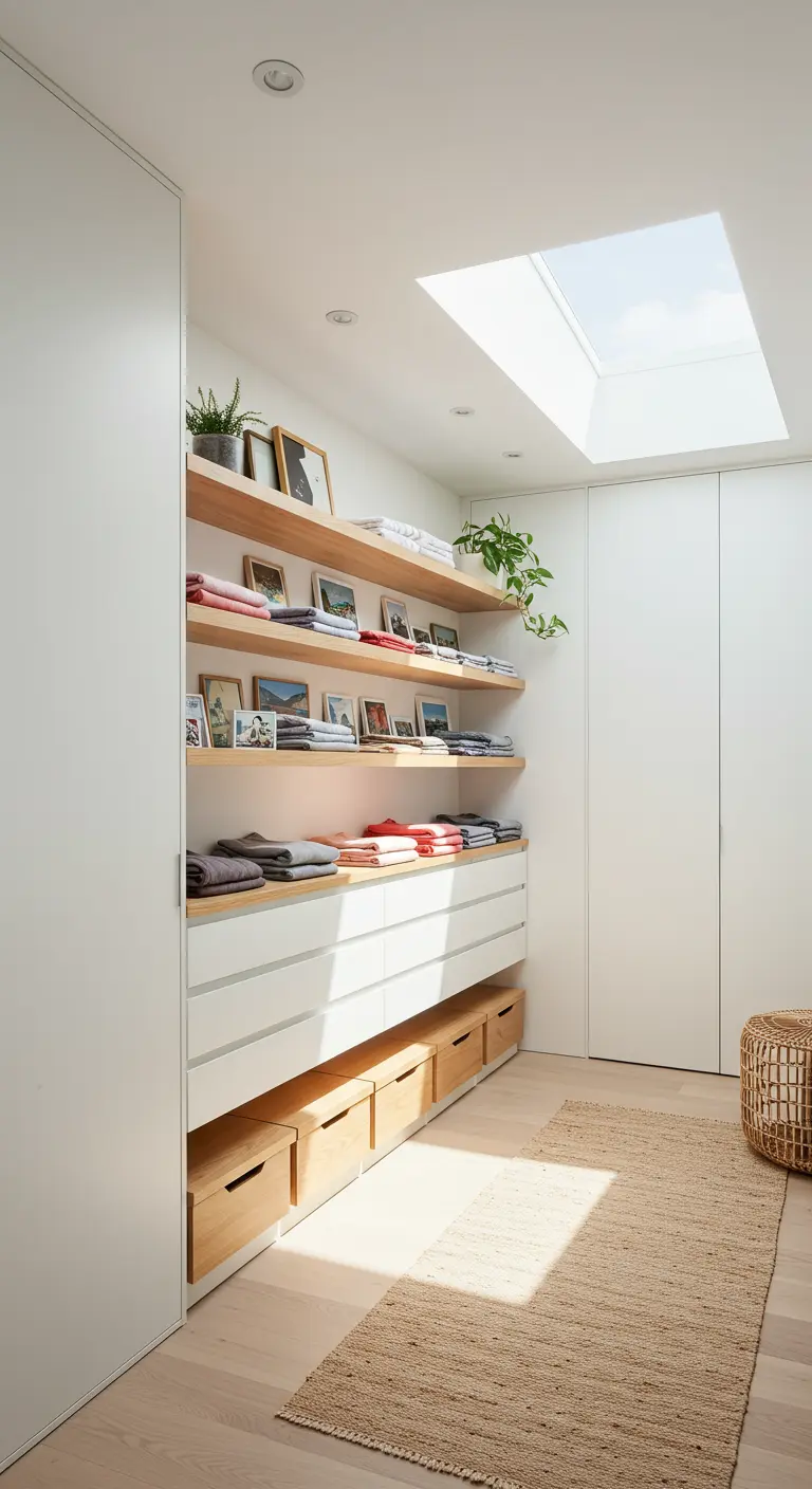 Dressing lumineux avec étagères bois, rangements blancs, tiroirs bois, plantes et puits de lumière.