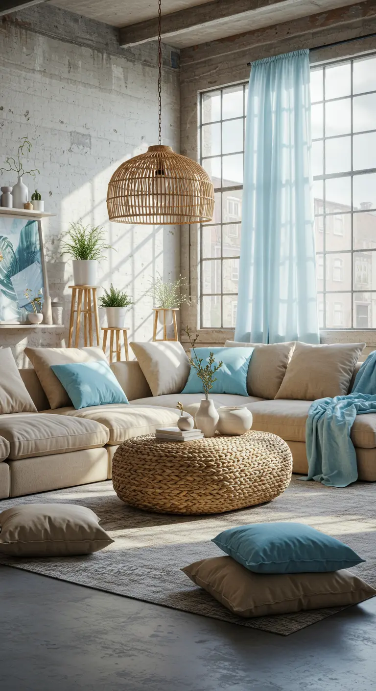 Salon de style industriel bohème avec canapé beige, table basse tressée, et un grand lustre en rotin.