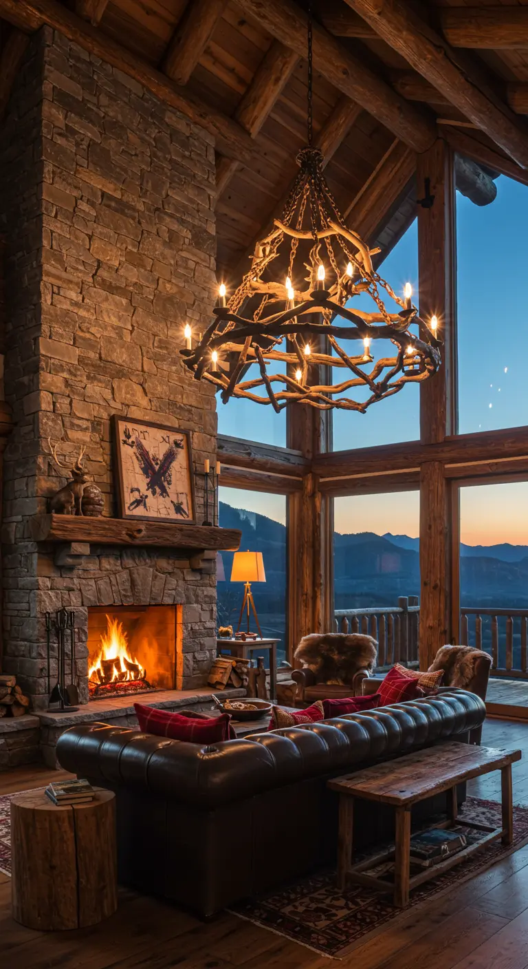 Salon de chalet avec cheminée en pierre et lustre en branches de bois.