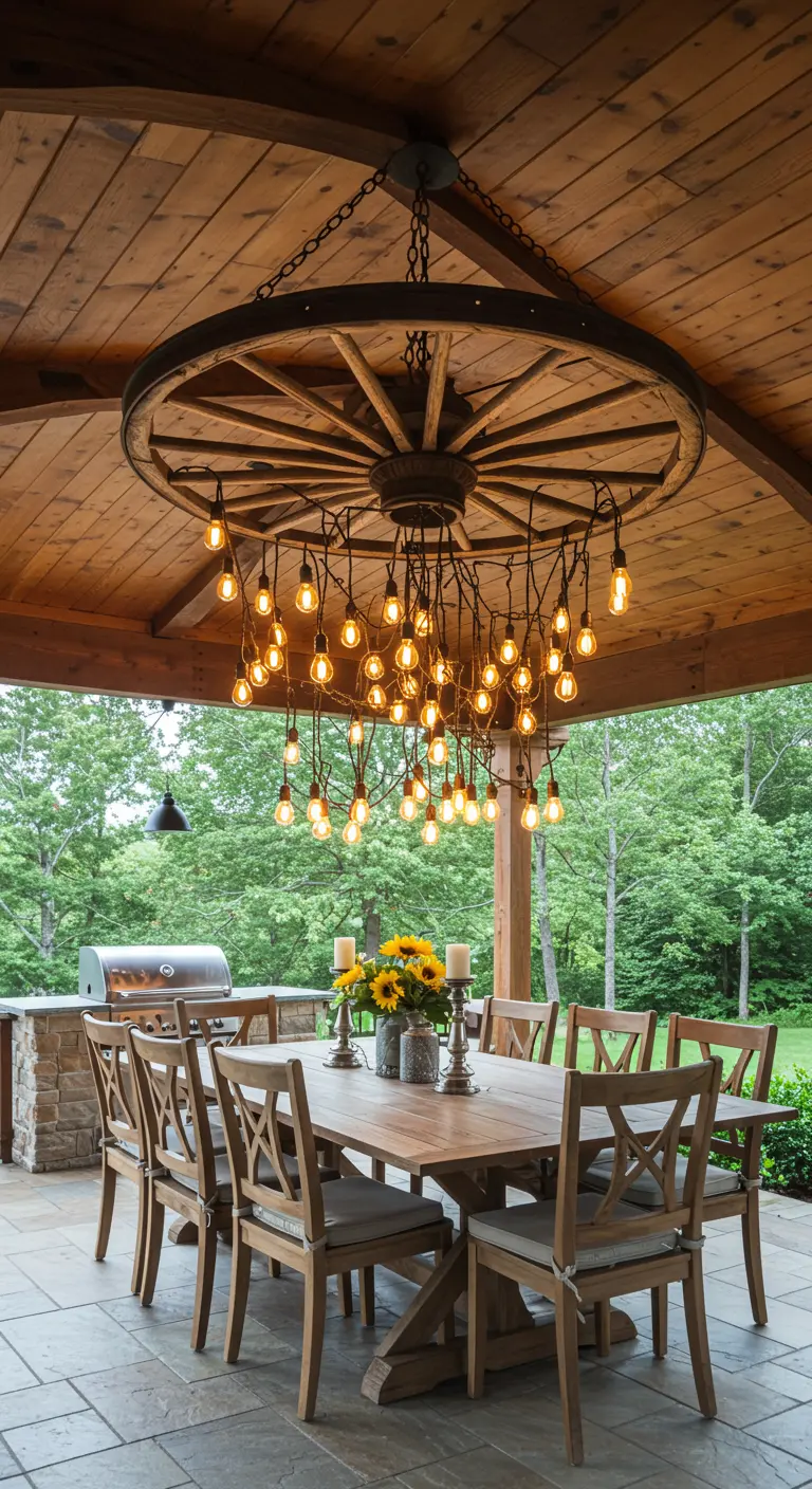 Grande roue de charrette transformée en lustre avec des ampoules Edison au-dessus d'une table.