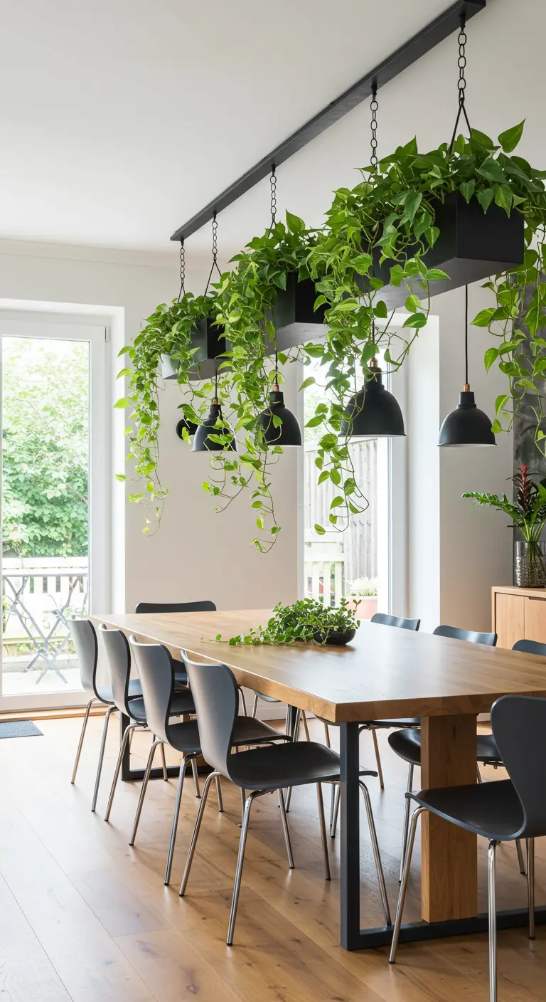 Lustre végétal avec de grandes plantes retombantes vertes au-dessus d'une table de salle à manger en bois.
