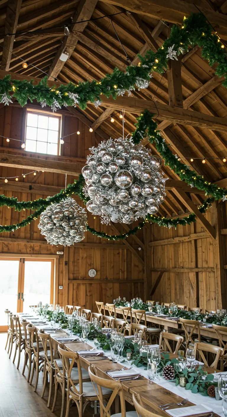 Grange décorée pour une fête avec des sphères de boules argentées.