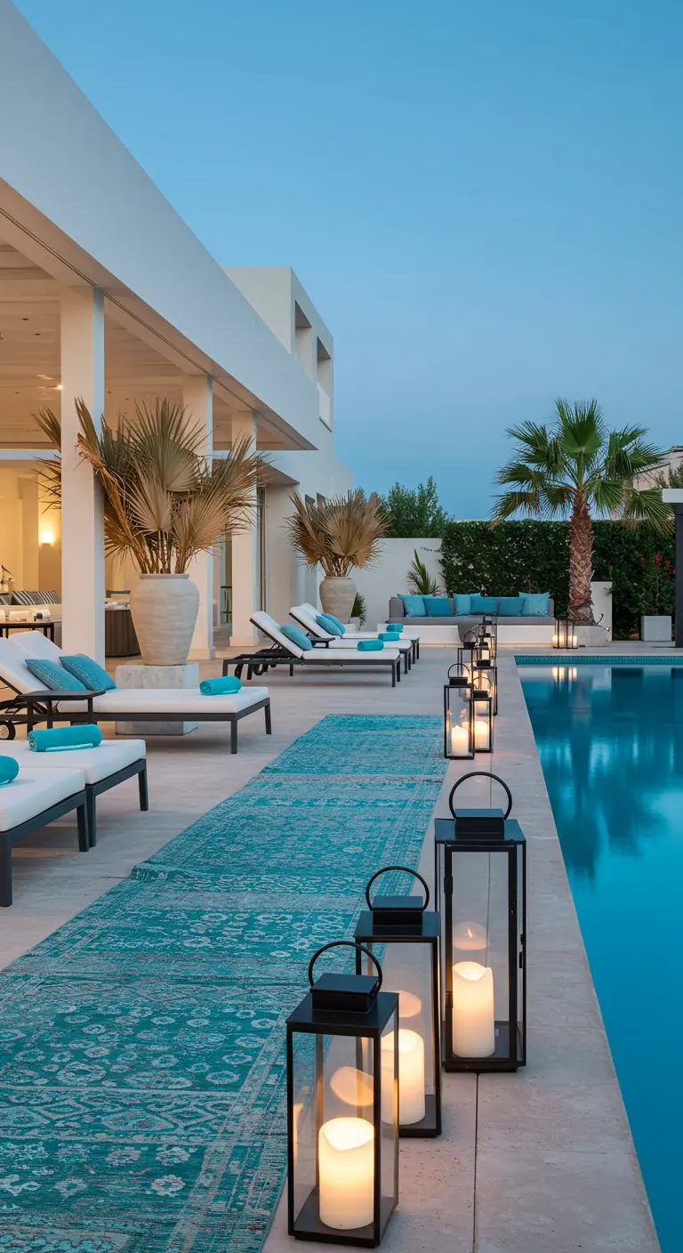 Zone de piscine de luxe avec transats blancs, coussins bleus, grands pots de palmiers et lanternes noires alignées.