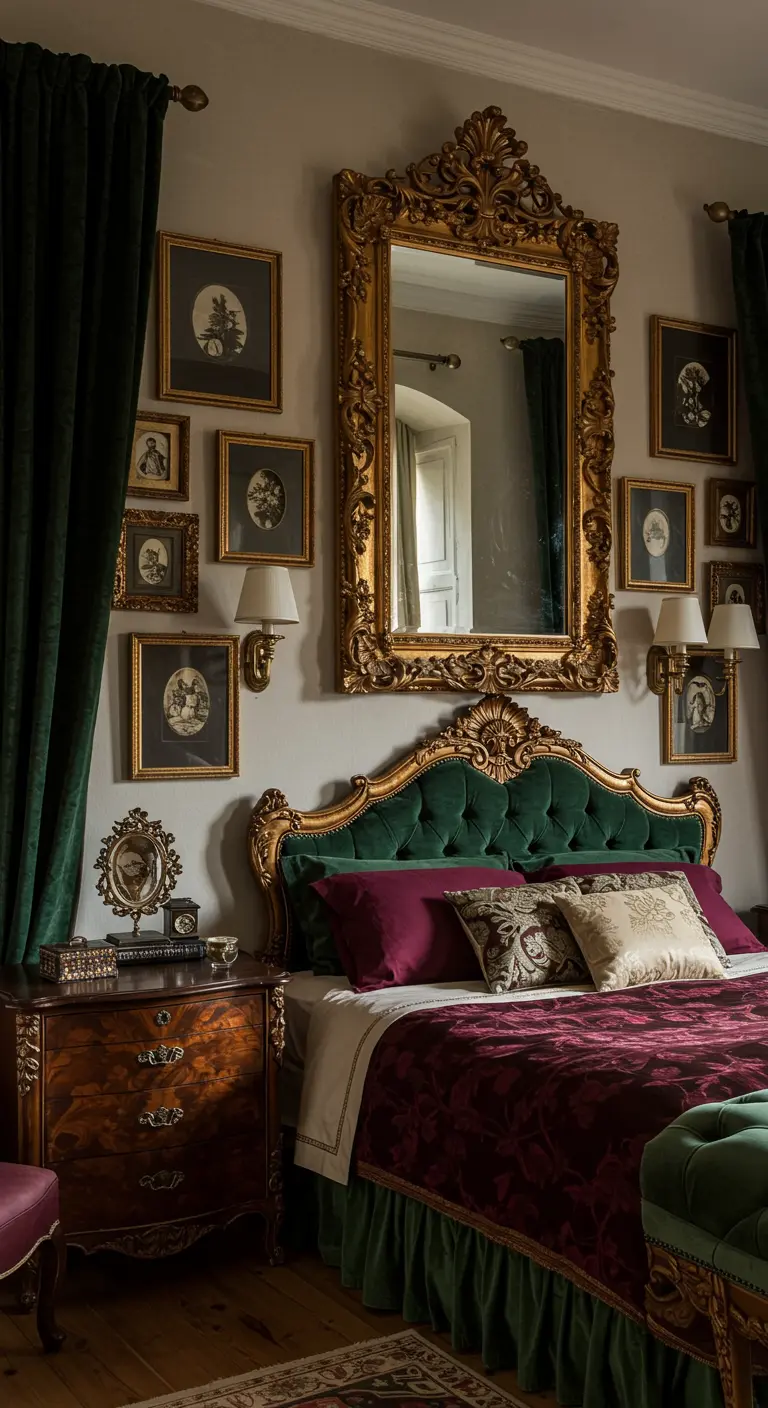 Grand miroir doré orné et cadres sombres sur un mur clair dans une chambre opulente.