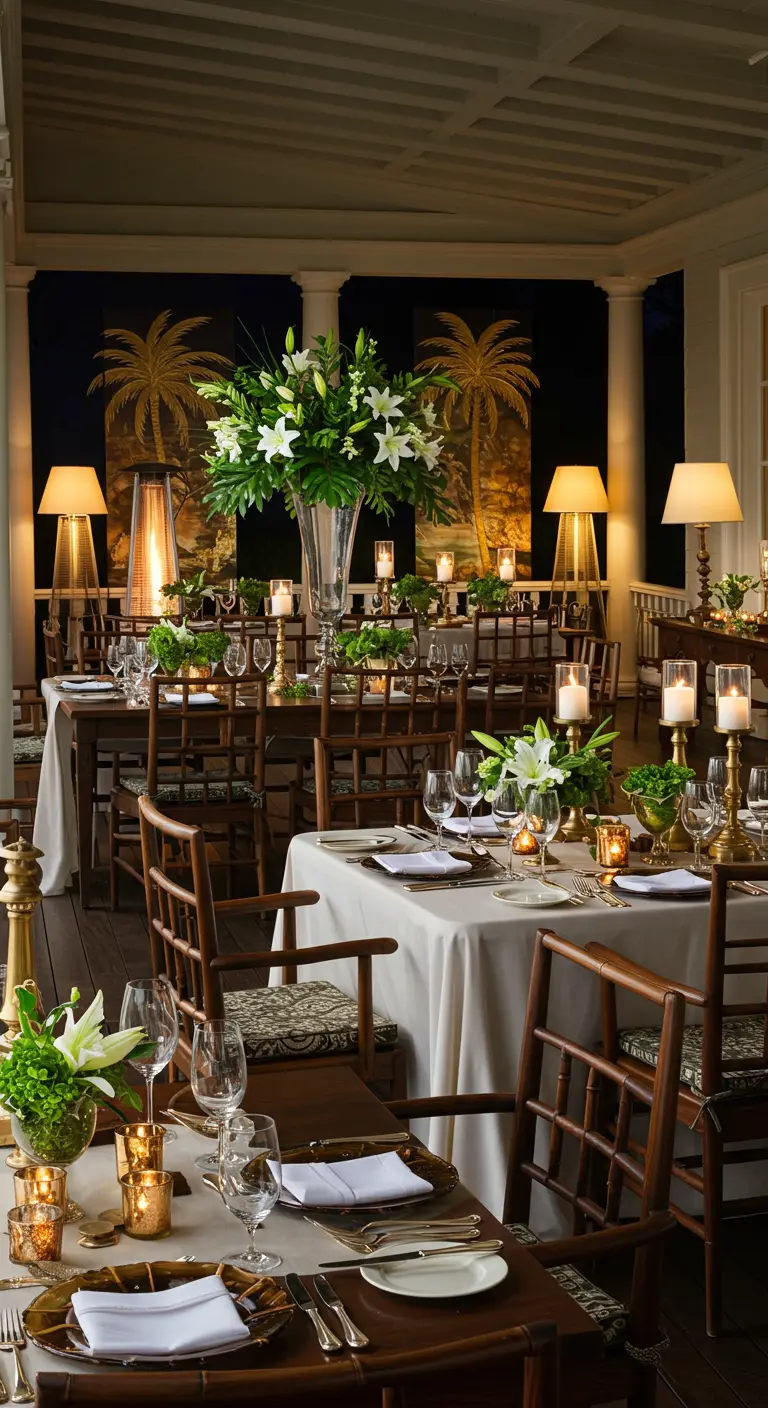 Dîner élégant avec tables dressées, nappes blanches, bouquets de lys et fond mural de palmiers dorés.