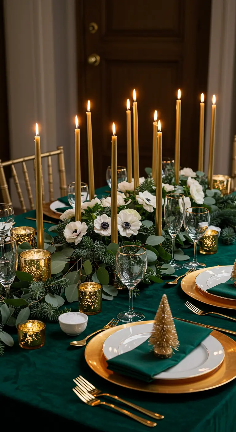 Table de fête avec nappe verte, centre de table floral avec des anémones blanches et vaisselle dorée.
