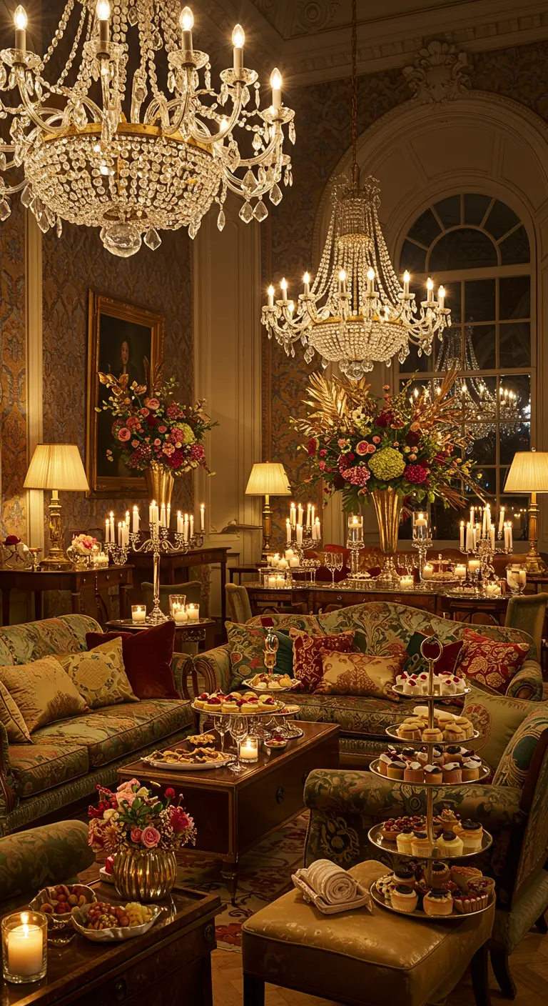 Un grand salon classique avec des lustres, des canapés fleuris, des bougeoirs et un buffet de desserts.
