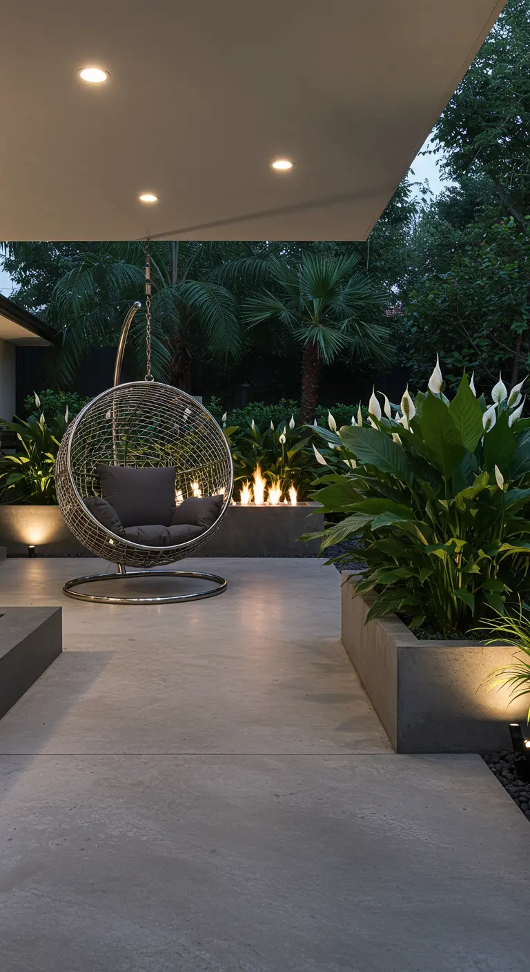 Chaise suspendue métallique sur un patio moderne avec foyer et plantes luxuriantes.