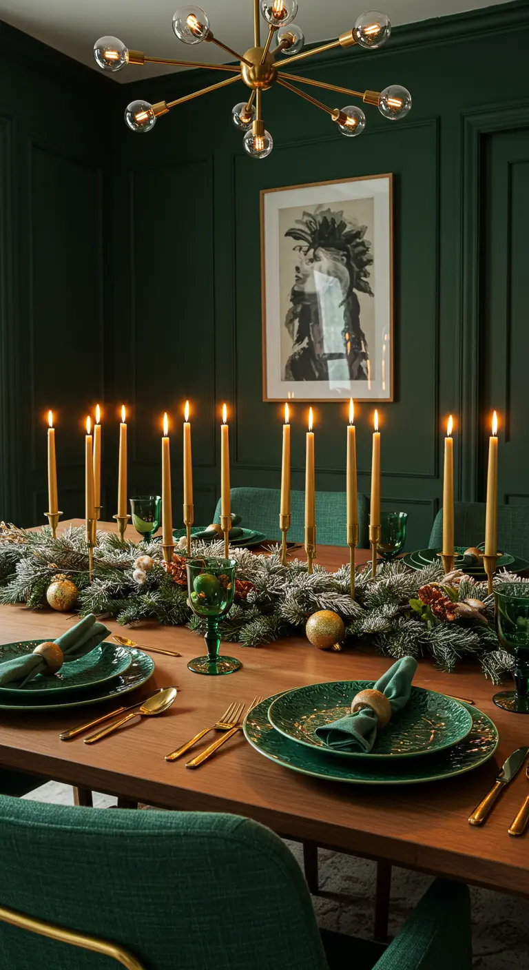 Table de Noël moderne en vert émeraude et or avec de longues bougies dorées.