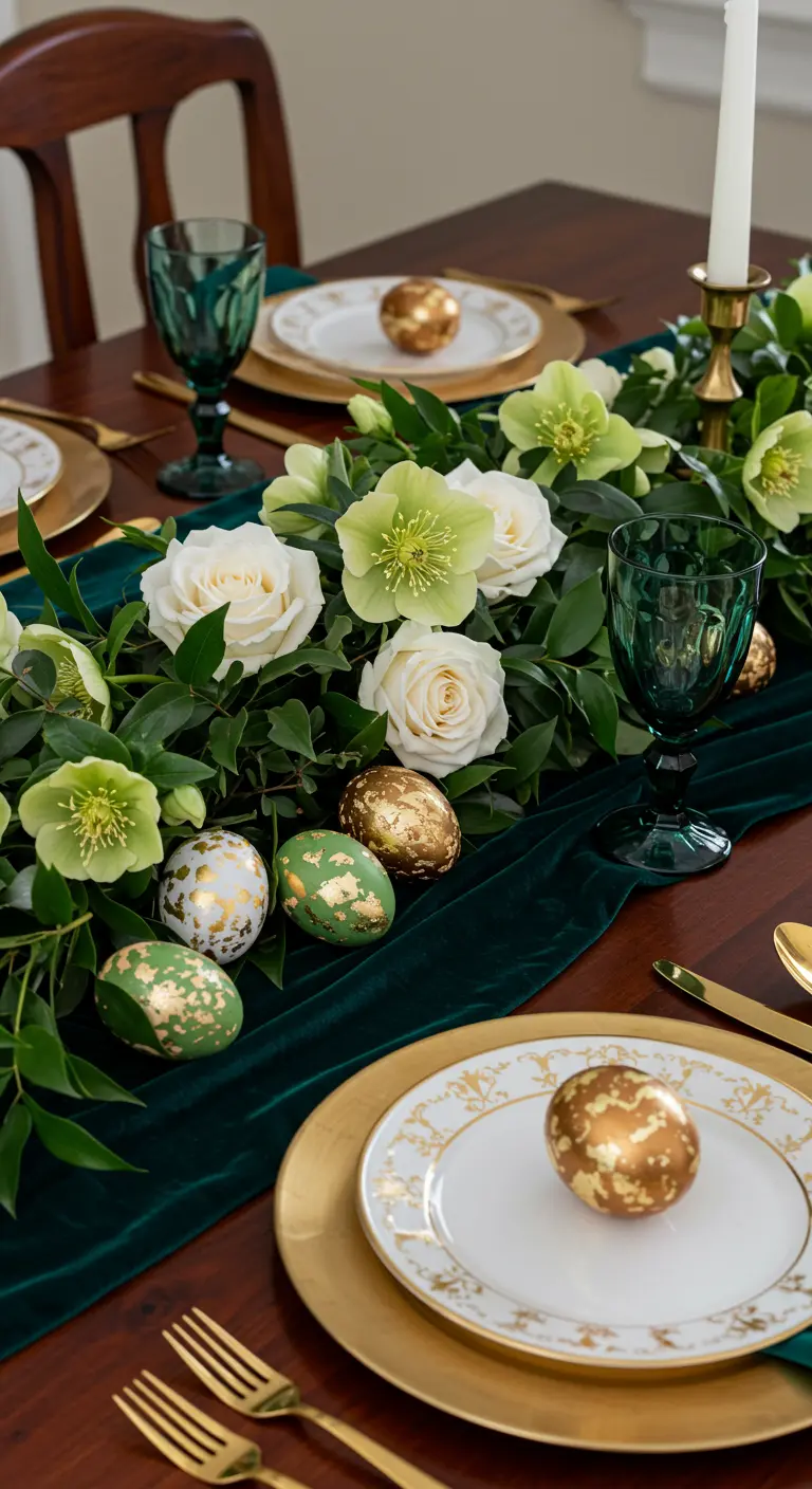 Table de Pâques luxueuse en vert émeraude et or, avec des œufs dorés et des roses blanches.