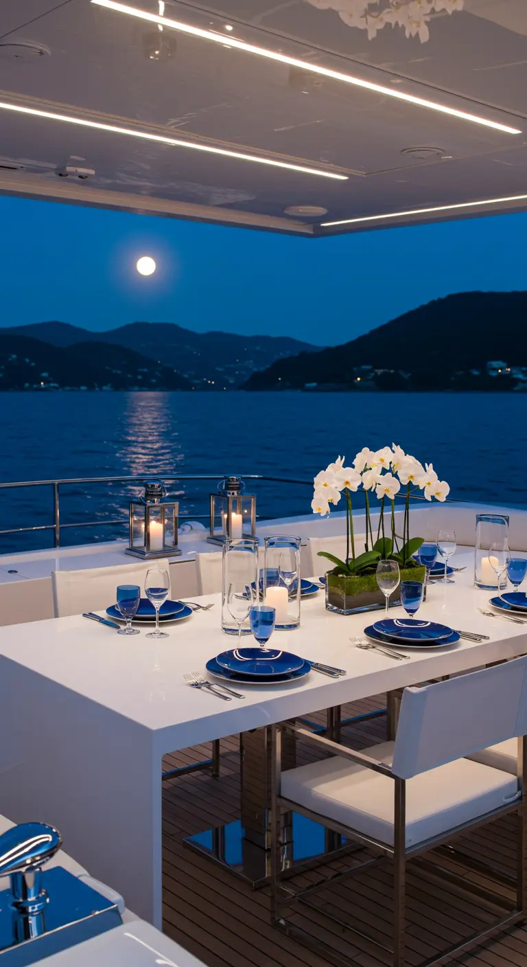 Table moderne sur un yacht au clair de lune, avec orchidées blanches et vaisselle bleue foncée.
