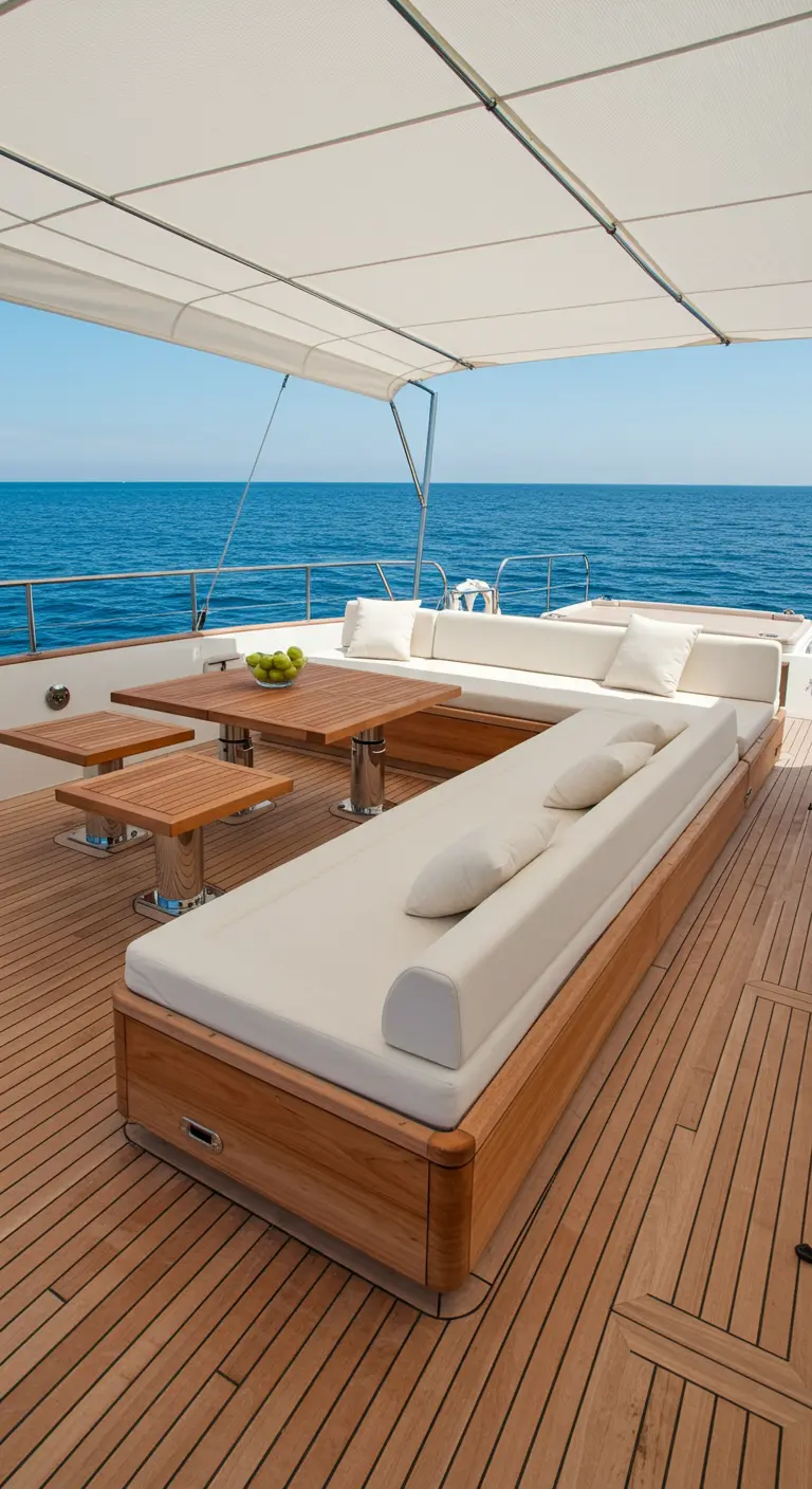 Pont de yacht en bois avec sièges et transats blancs intégrés, tables en bois, vue sur la mer.