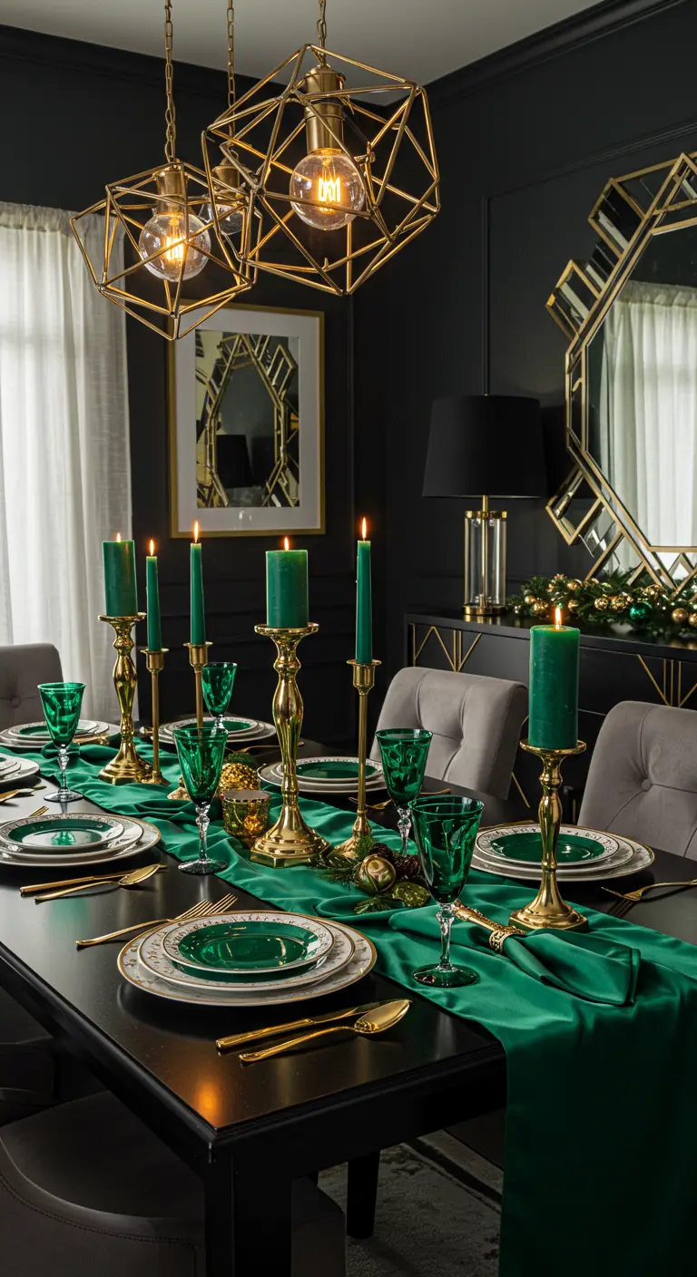Table noire, chemin de table vert émeraude, vaisselle verte et dorée, lustres géométriques.