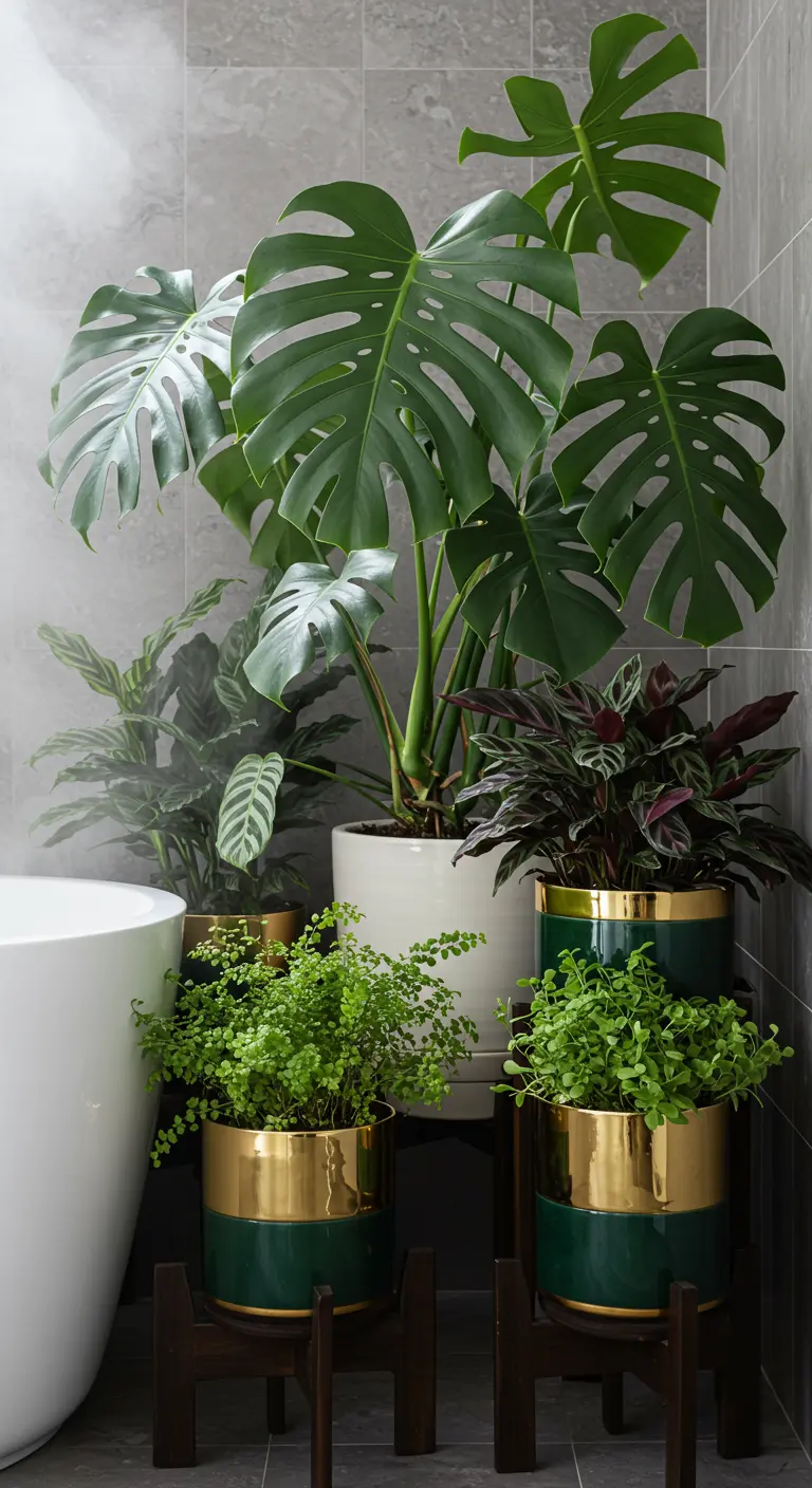 Salle de bain avec baignoire, grand Monstera, plantes en pots or et vert.