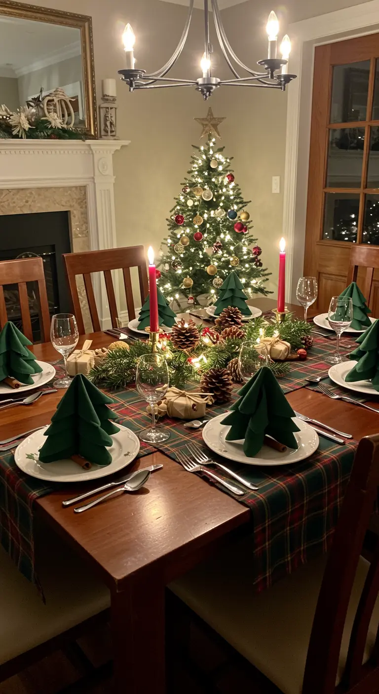 Table de Noël avec serviettes vertes pliées en forme de sapins.