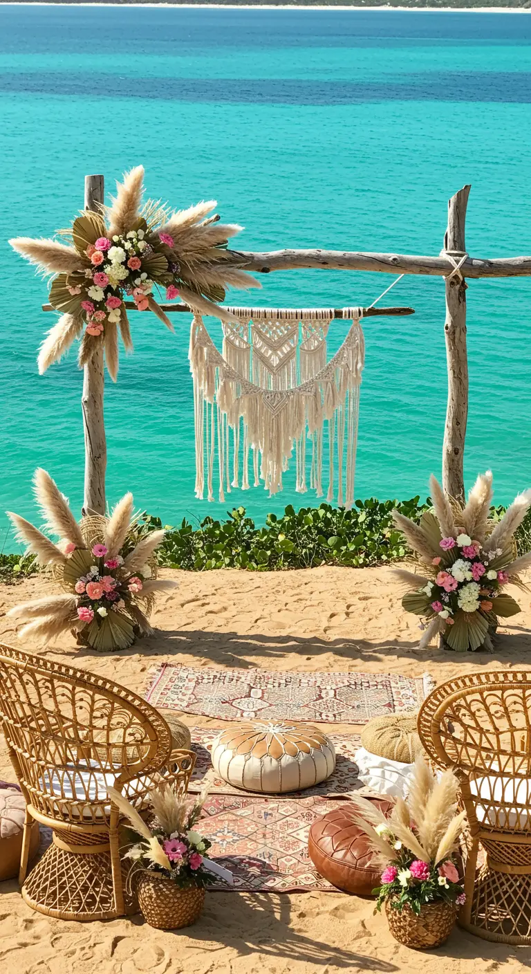 Arche en bois flotté avec macramé et fleurs tropicales face à la mer turquoise.