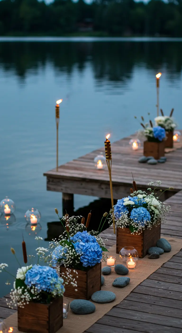 Ponton en bois décoré de caisses fleuries d'hortensias bleus, de bougies et de torches.
