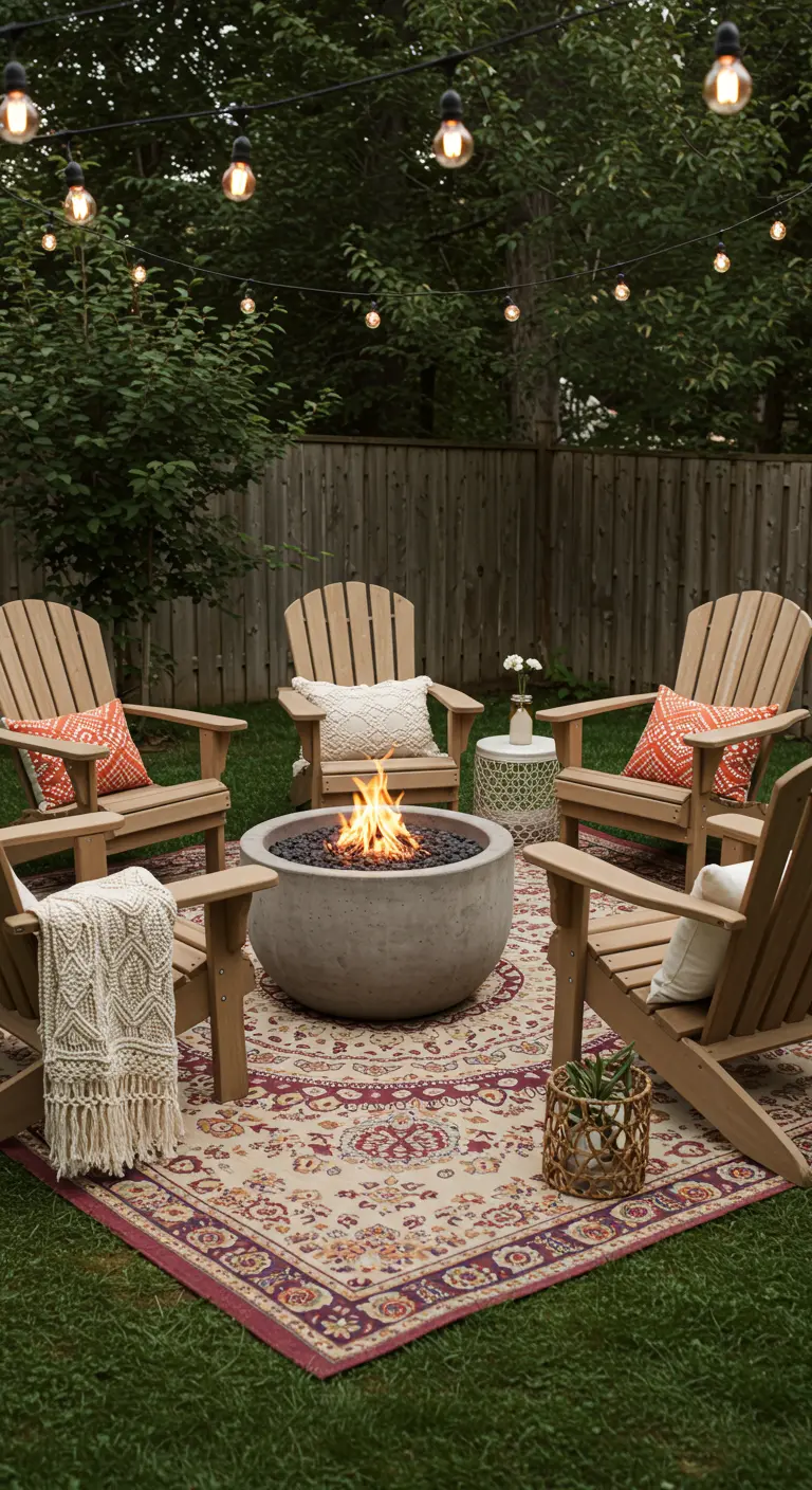 Jardin bohème avec brasero en béton, fauteuils Adirondack en bois, tapis extérieur et guirlandes lumineuses