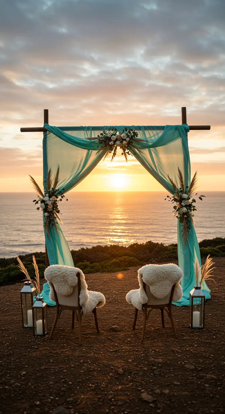 Arche de mariage sur falaise avec tissu teal, pampa, fleurs blanches, chaises en fourrure et lanternes.