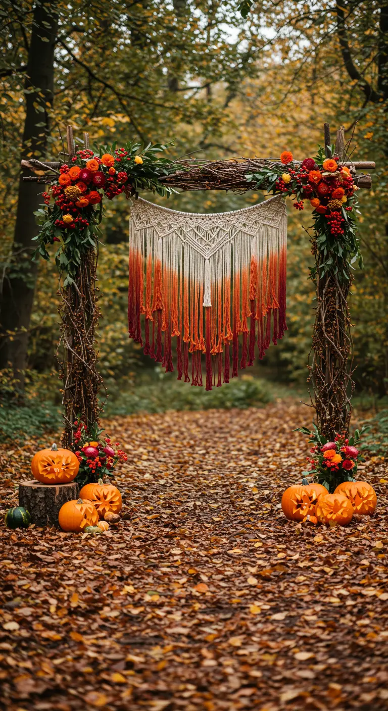 Arche automnale en forêt avec macramé dégradé orange et citrouilles.