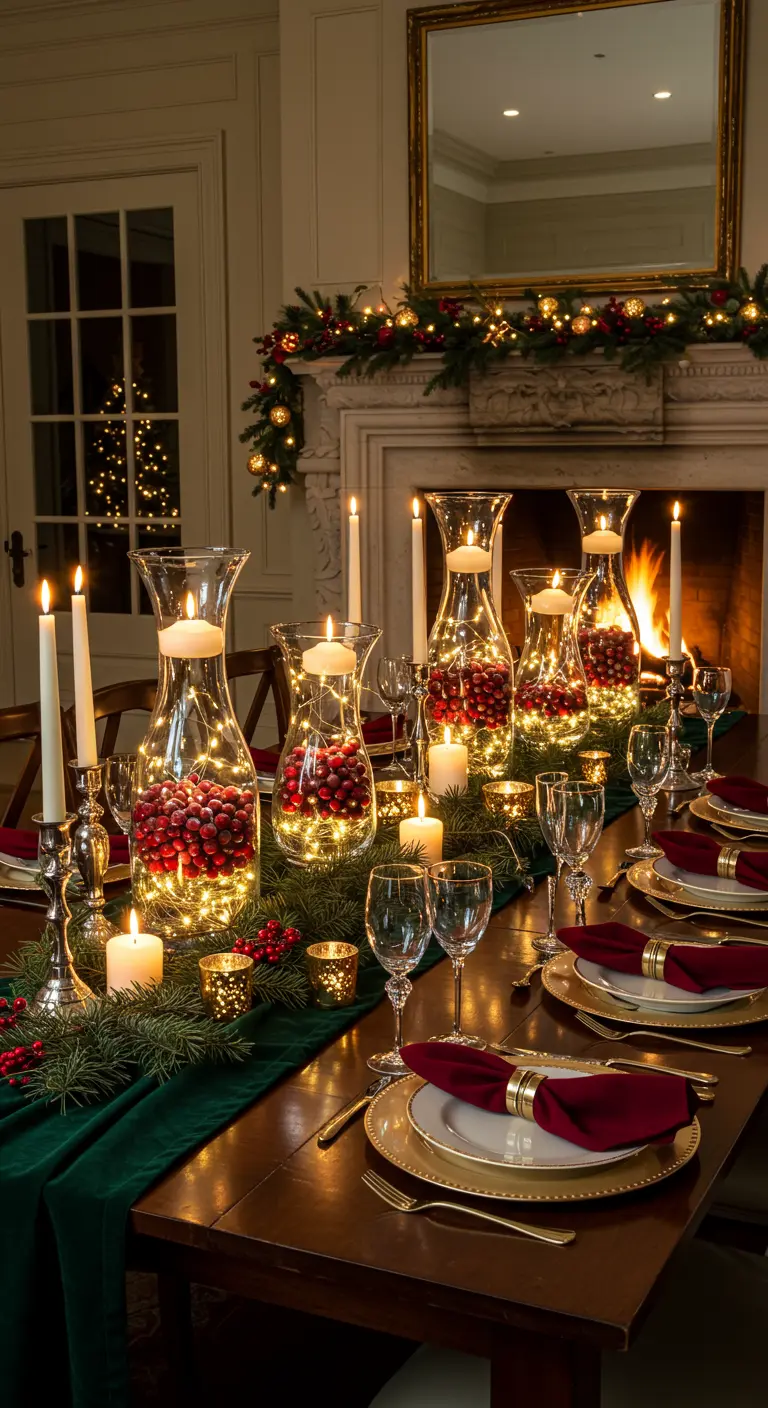 Table de Noël avec vases remplis de cranberries, guirlandes lumineuses et bougies flottantes.
