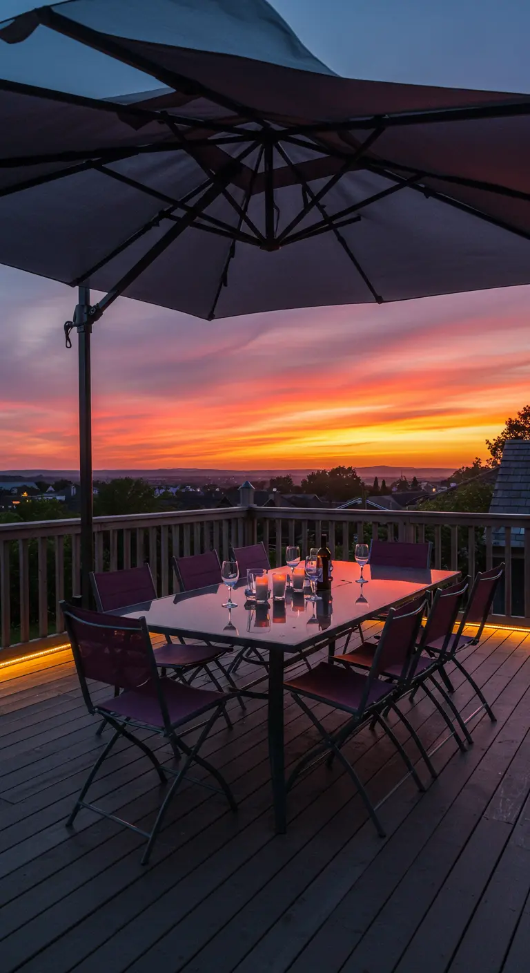 Table en verre, chaises prune, parasol sombre sur une terrasse avec vue sur un ciel coucher de soleil.
