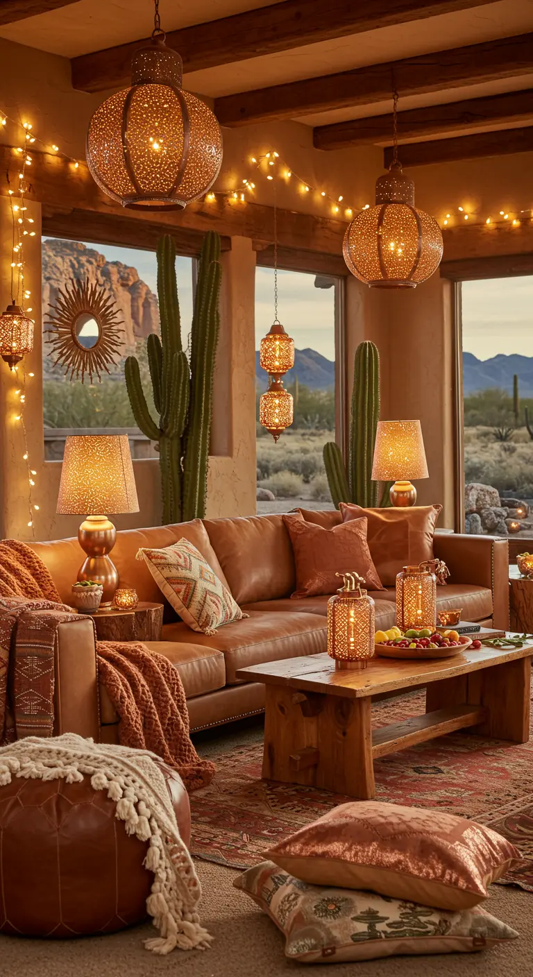Un salon aux tons terreux avec des canapés en cuir, des lanternes marocaines, des cactus géants et des guirlandes lumineuses.
