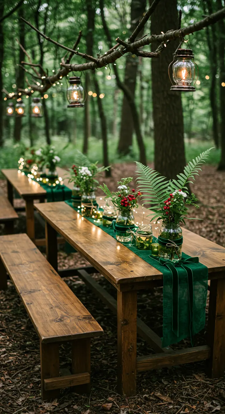 Longues tables en bois en pleine forêt, avec chemins de table verts et bocaux fleuris.
