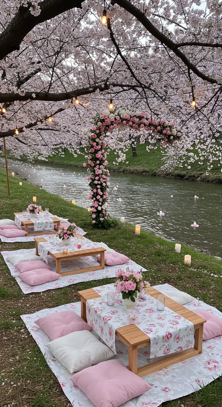 Pique-nique sous les cerisiers en fleurs près d'une rivière, tables basses, coussins roses et arche florale.