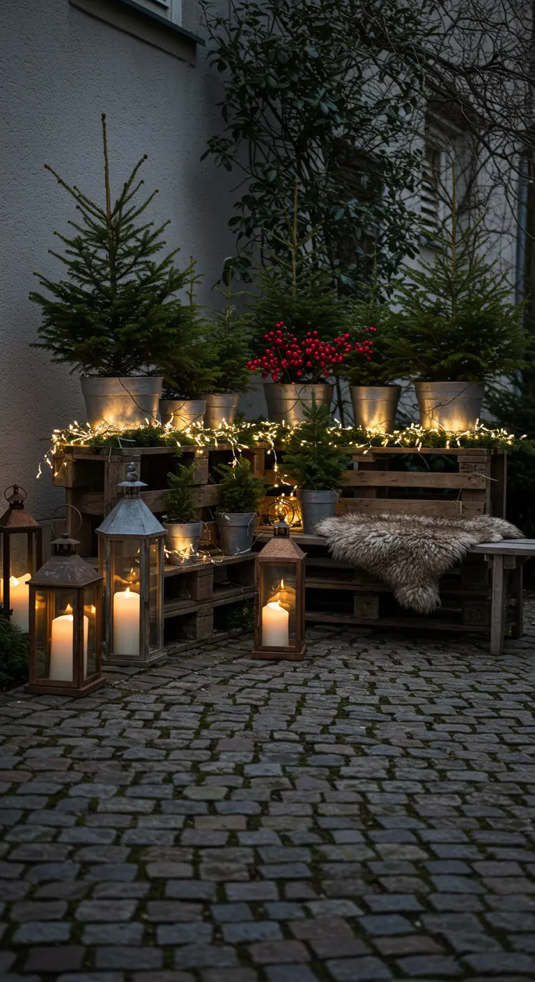 Décoration hivernale extérieure avec banc en palettes, petits sapins, baies rouges, lanternes et guirlandes.