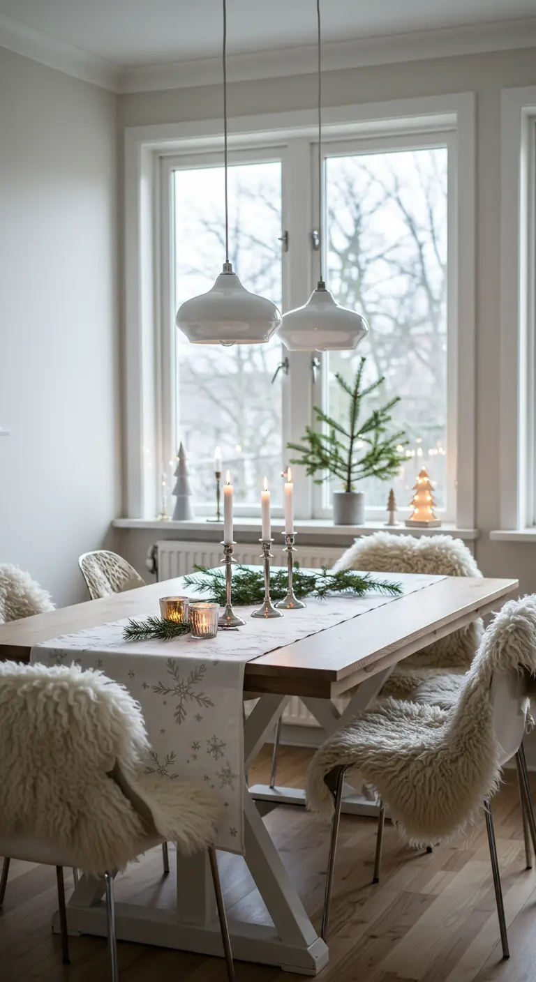 Chemin de table blanc à flocons de neige avec plaids en fausse fourrure et décorations de Noël.