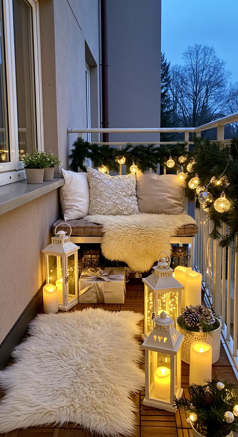 Balcon d'hiver décoré de lanternes blanches, bougies LED, fausse fourrure et guirlandes lumineuses.