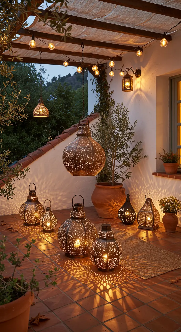 Patio décoré de nombreuses lanternes orientales ajourées, suspendues et posées, avec des guirlandes lumineuses.