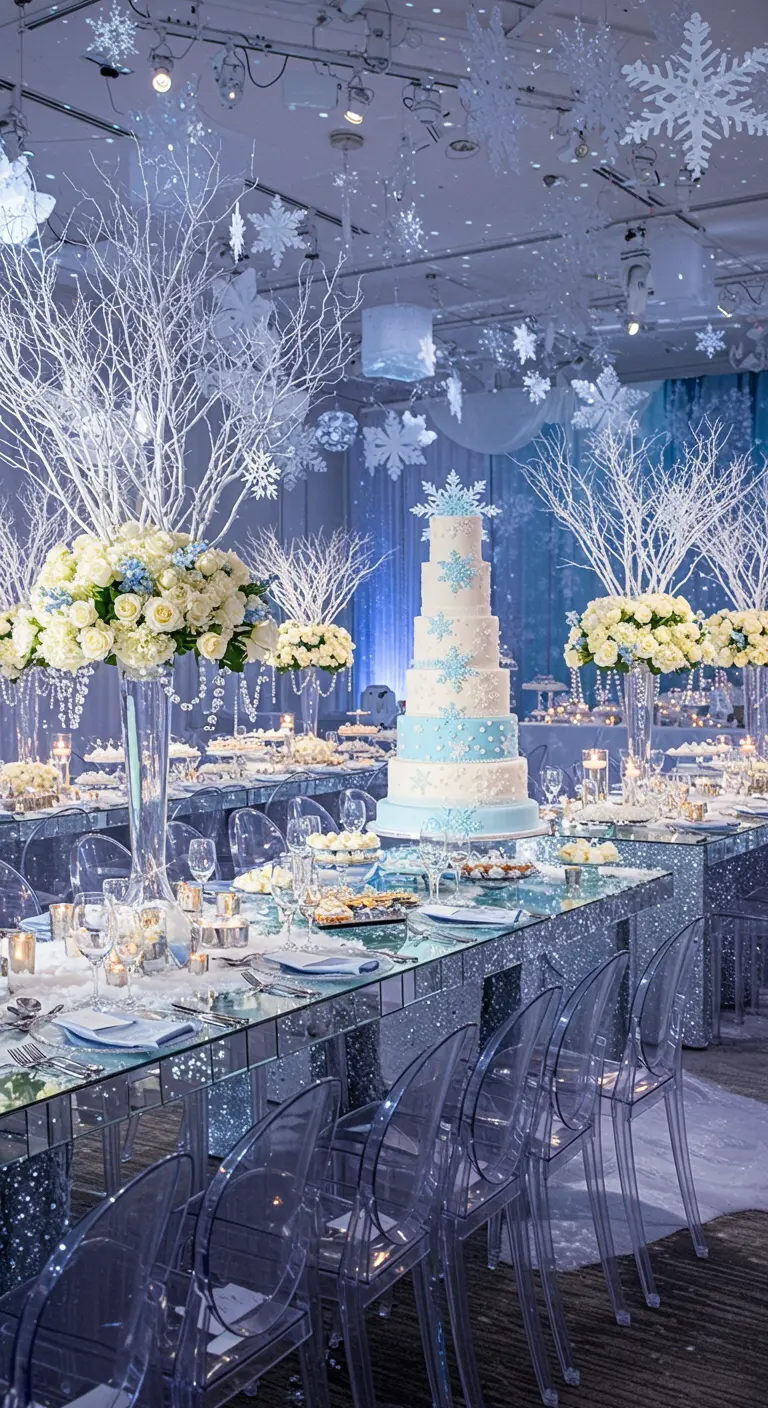Table de réception hivernale avec décorations scintillantes, flocons, arbres blancs et grand gâteau.