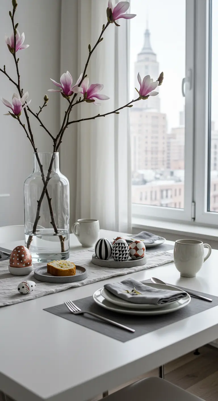 Table de Pâques minimaliste avec une branche de magnolia et des œufs à motifs graphiques.