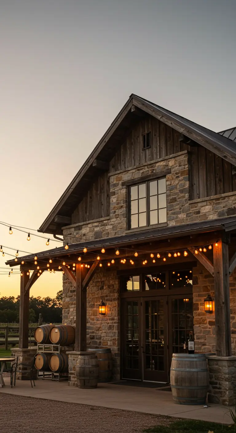 Maison en bois au bord d'un lac, éclairée par des guirlandes lumineuses le long du toit et du balcon.