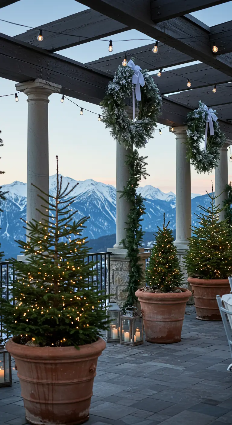 Terrasse en montagne avec colonnes, grands sapins en pots, couronnes suspendues et vue sur les Alpes.