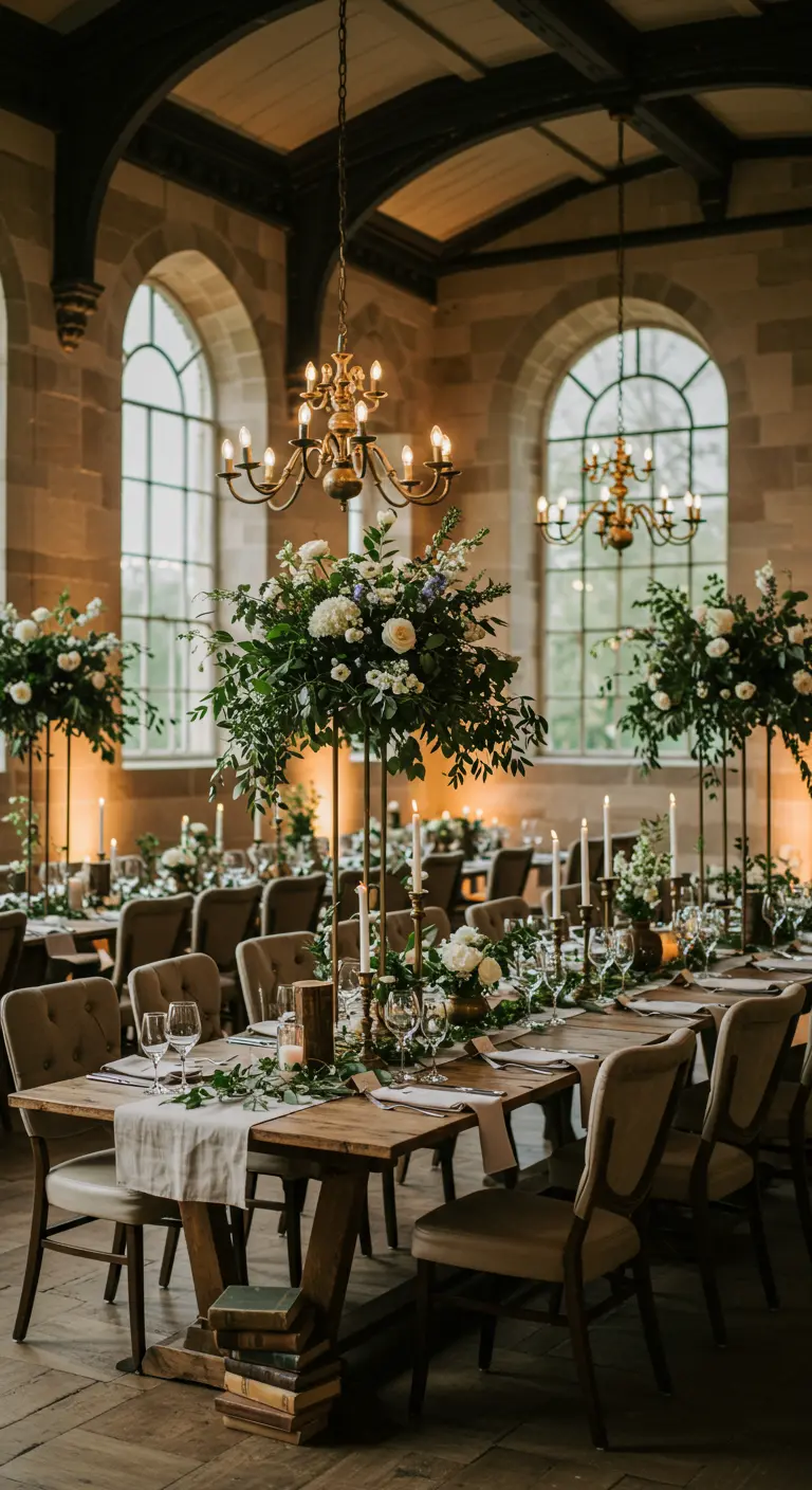 Tables de mariage élégantes dans une grande salle, avec hauts centres de table floraux verts et bougies.