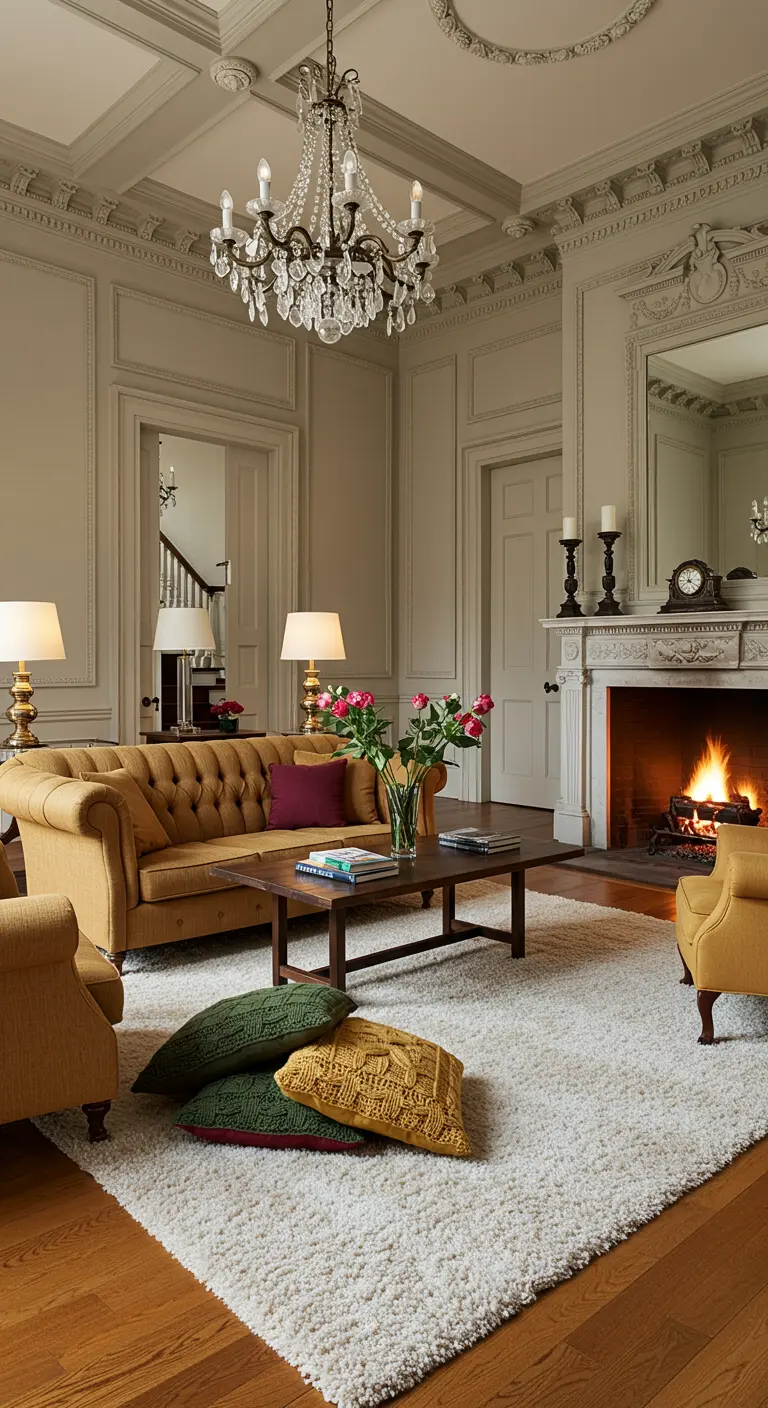 Salon classique avec canapé chesterfield camel, tapis crème à poils longs et coussins de sol colorés.