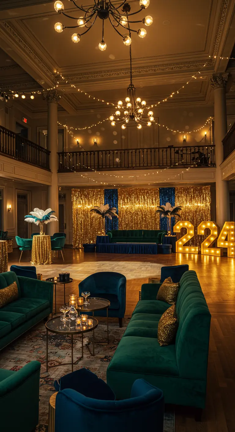 Une grande salle décorée pour le Nouvel An avec des canapés en velours, des lumières dorées et l'année 2024 illuminée.