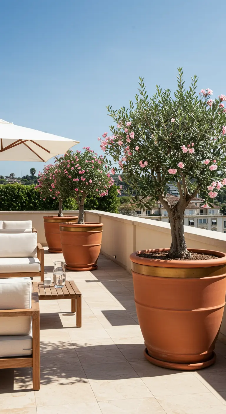 Grands pots en terre cuite avec liseré doré, contenant des oliviers et des lauriers roses sur une terrasse