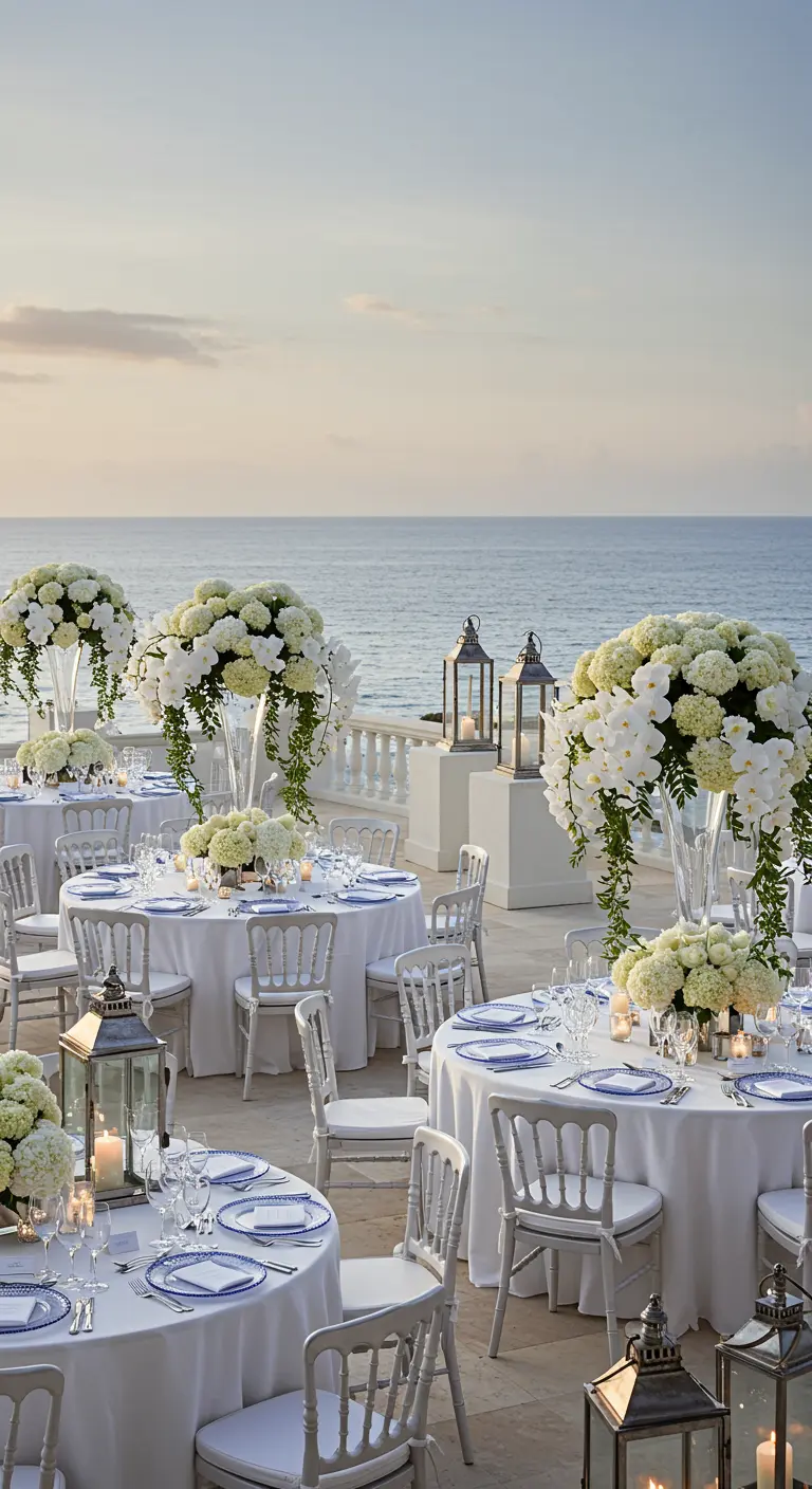 Plusieurs tables rondes de réception avec nappes blanches, grands bouquets floraux et lanternes, face à la mer.
