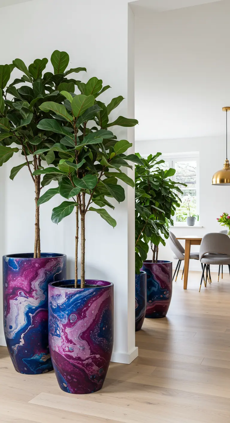 Grands pots marbrés bleus et violets avec des Ficus lyrata, créant un couloir végétal chic.