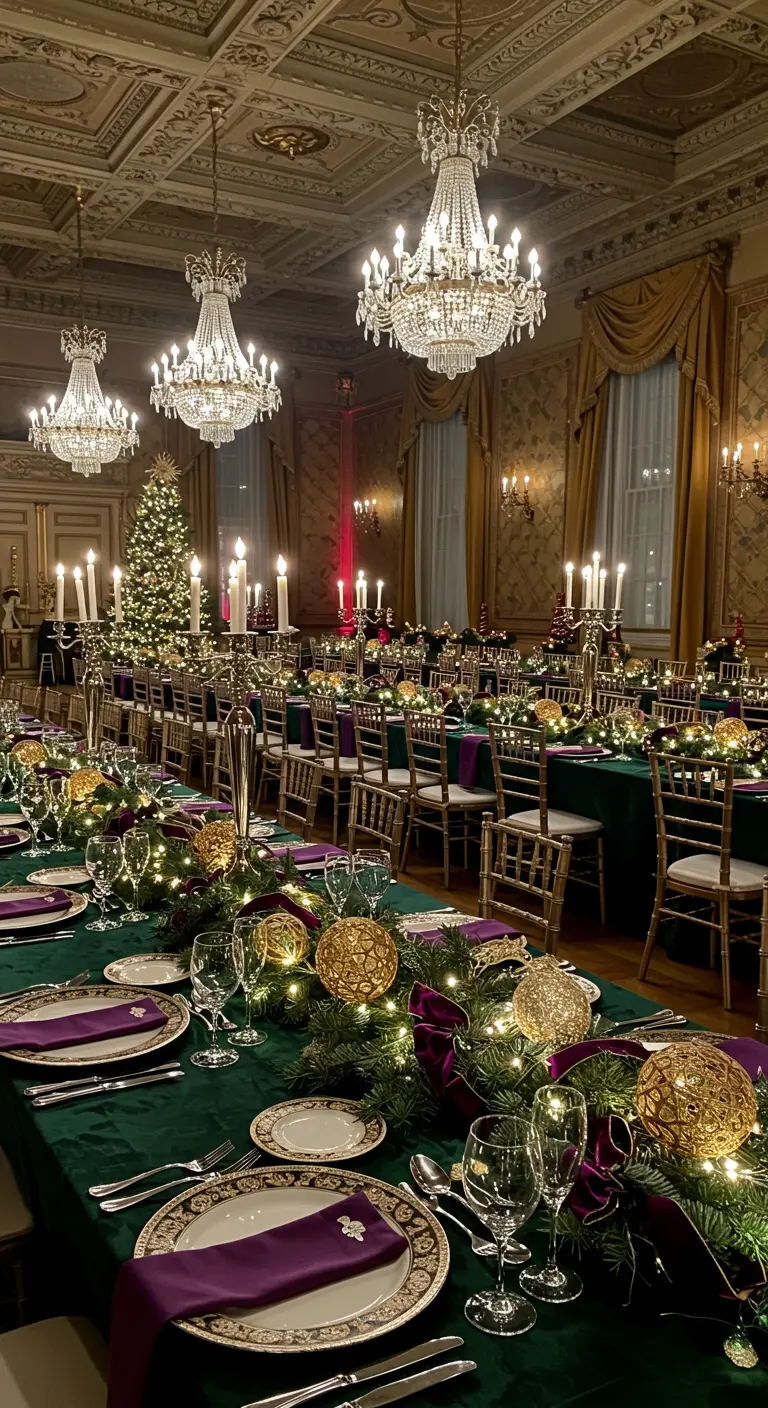 Longues tables de Noël avec nappes vertes, chemins de table sapin, boules dorées et rubans pourpres.