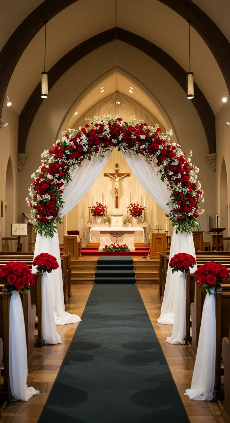 Arche de roses rouges et blanches dans une église, avec allée sombre et drapés blancs.