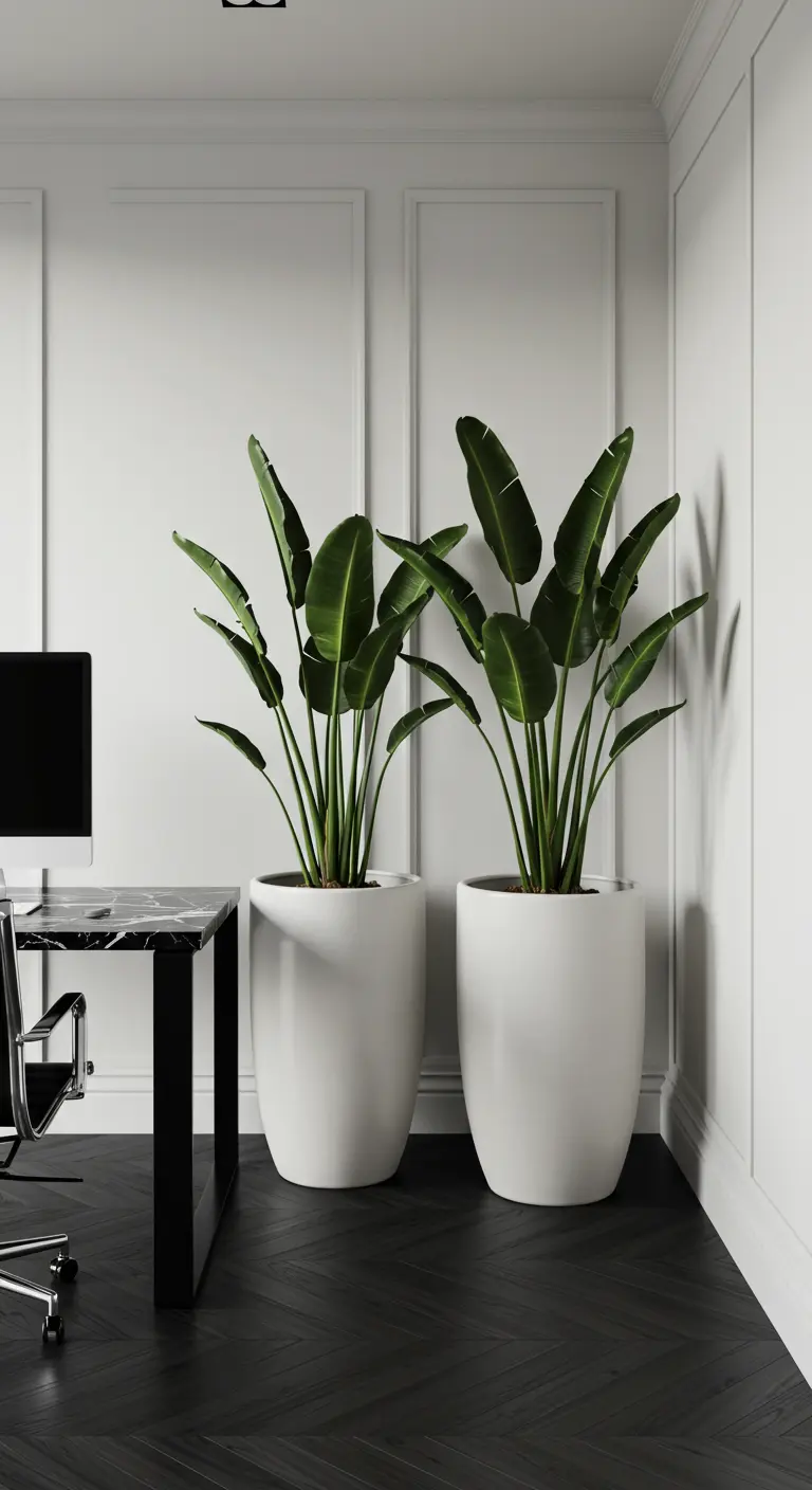 Deux grands Strelitzias en hauts pots blancs dans un bureau minimaliste aux murs blancs.