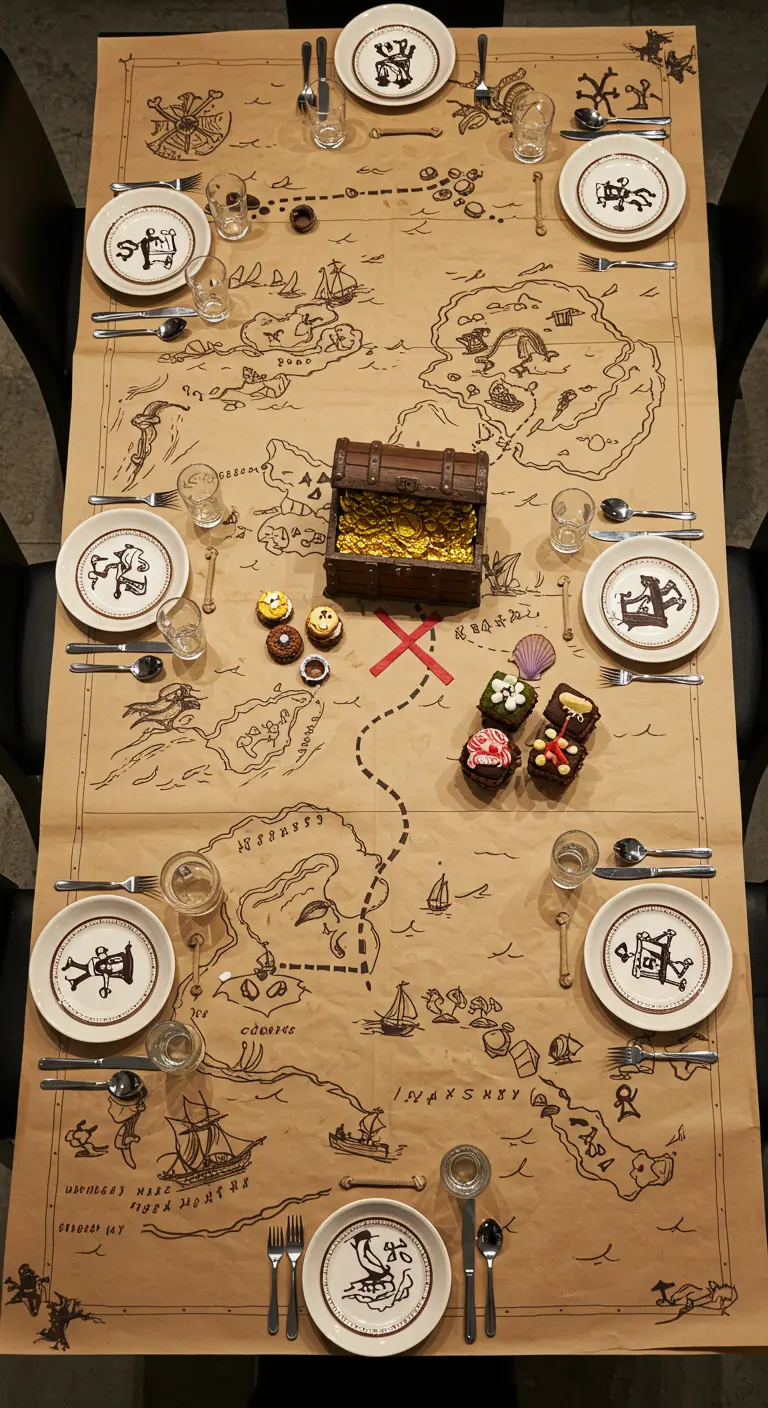 Table dressée avec une nappe en papier dessinée comme une carte au trésor