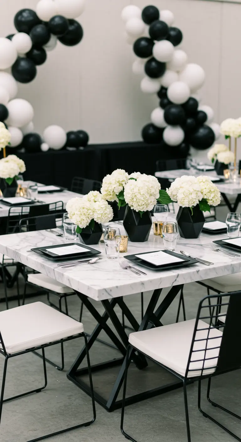 Table de fête moderne en marbre avec une arche de ballons noirs et blancs.