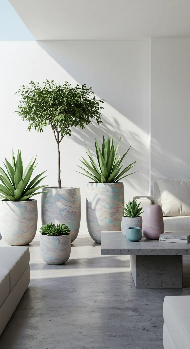 Terrasse moderne avec des pots marbrés pastel (rose, bleu, vert), garnis de succulentes et d'un petit arbre.