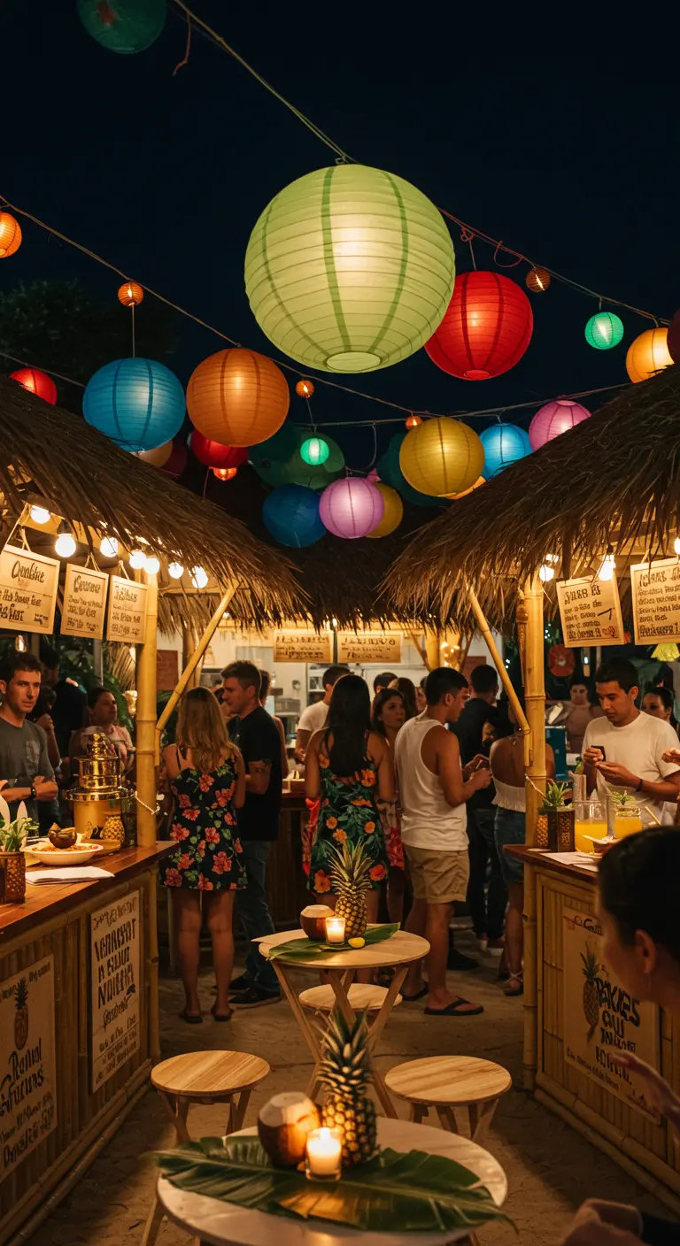 Marché de nuit tropical illuminé par des dizaines de lampions colorés.